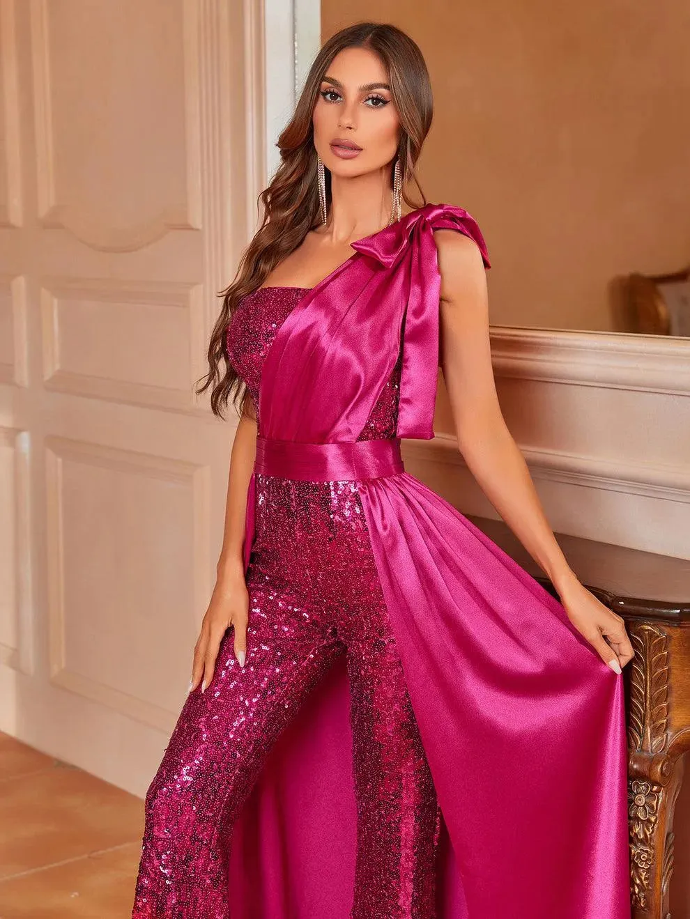 One Shoulder Sleeveless Satin Overlay Sequin Jumpsuit