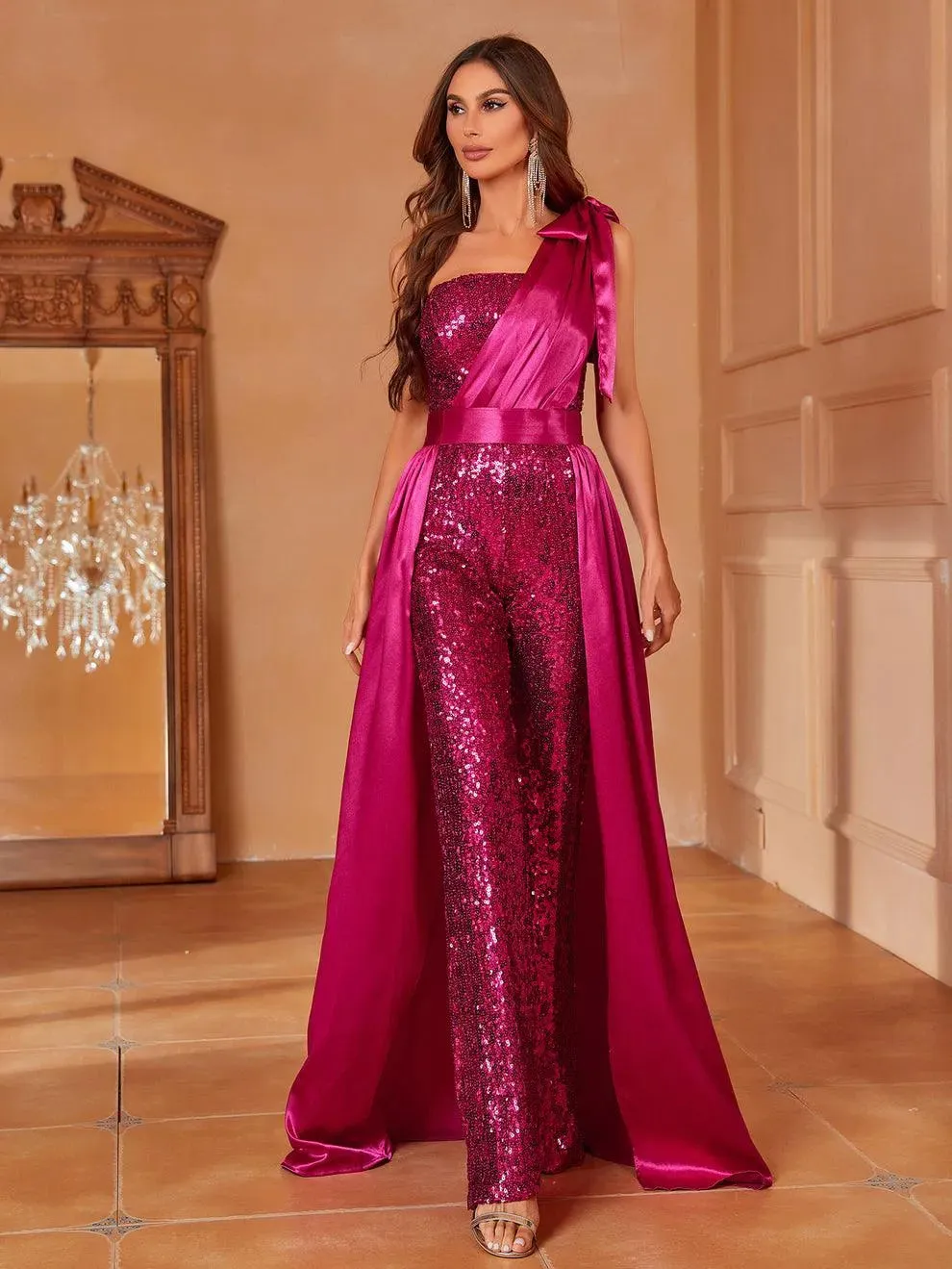 One Shoulder Sleeveless Satin Overlay Sequin Jumpsuit