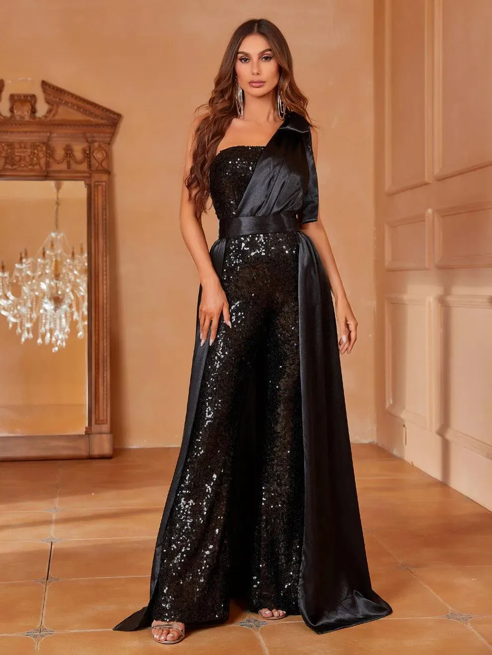 One Shoulder Sleeveless Satin Overlay Sequin Jumpsuit