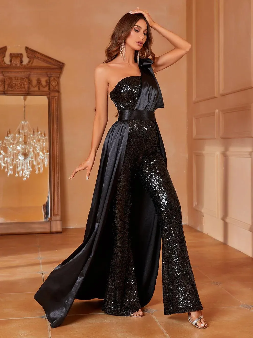 One Shoulder Sleeveless Satin Overlay Sequin Jumpsuit