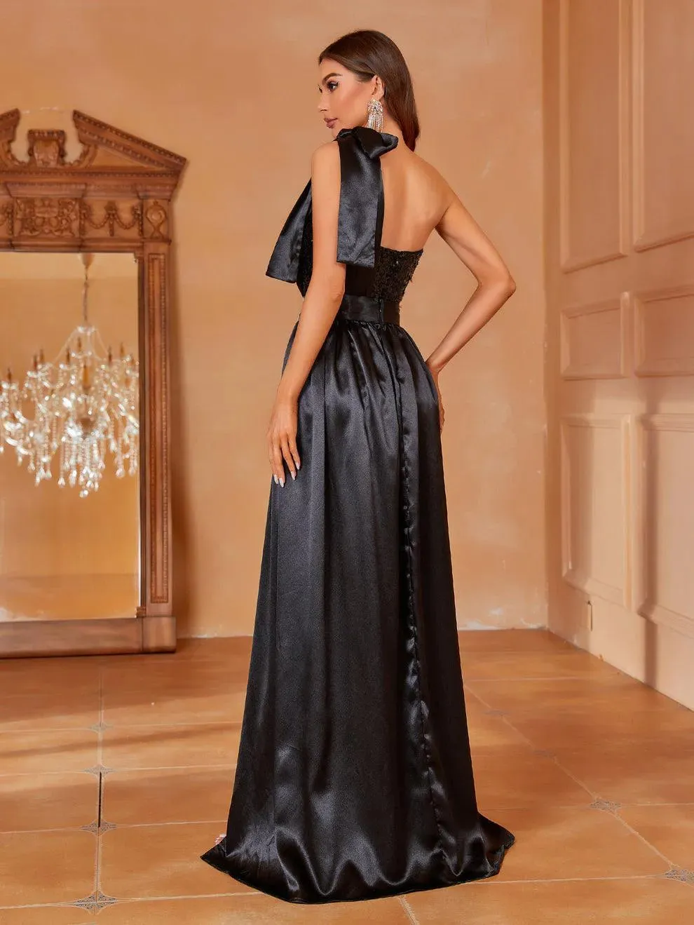 One Shoulder Sleeveless Satin Overlay Sequin Jumpsuit