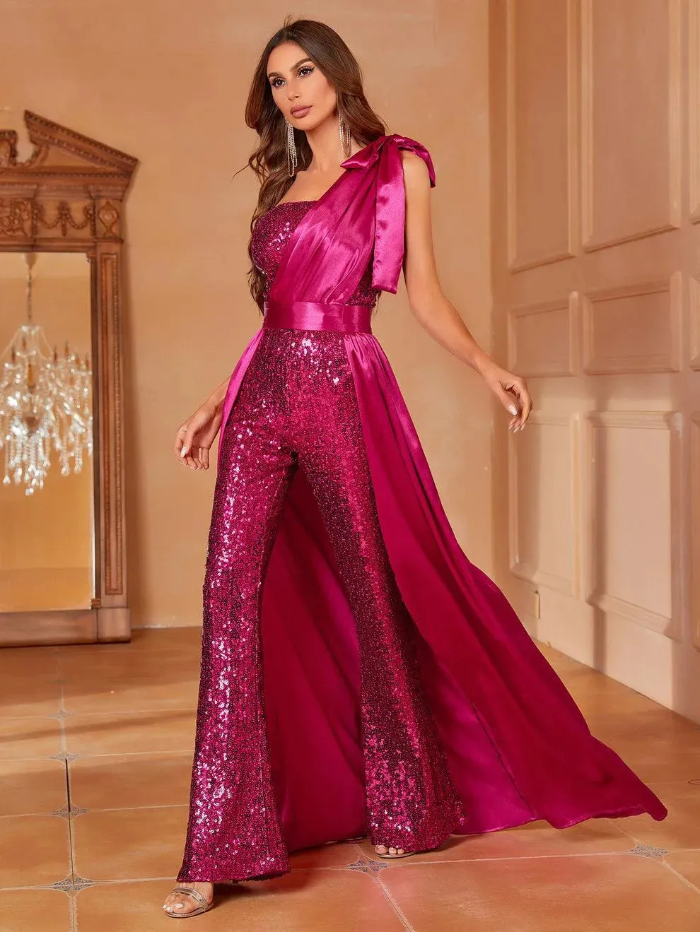 One Shoulder Sleeveless Satin Overlay Sequin Jumpsuit