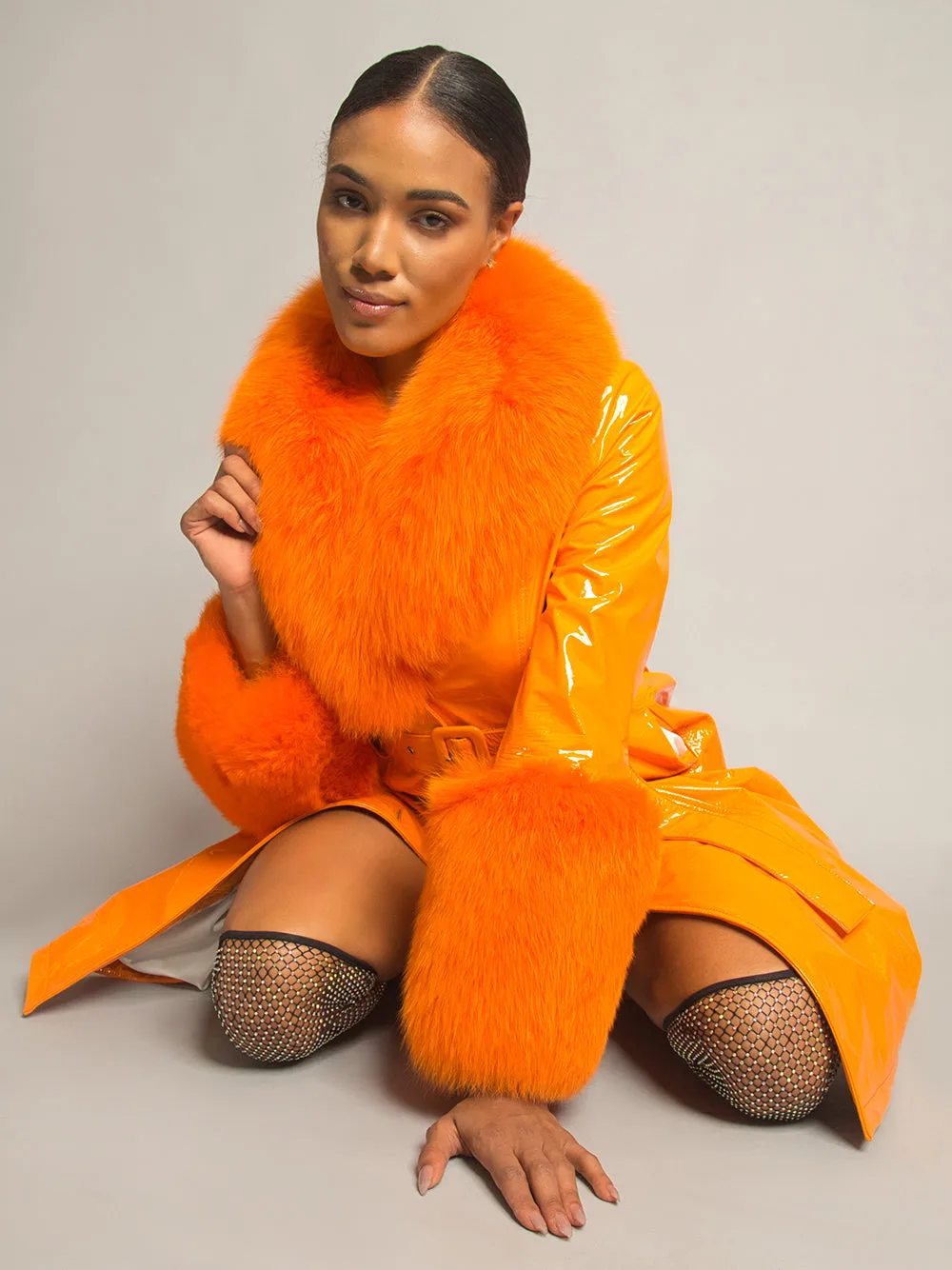 Patent Leather Coat w/ Fox Fur In Orange