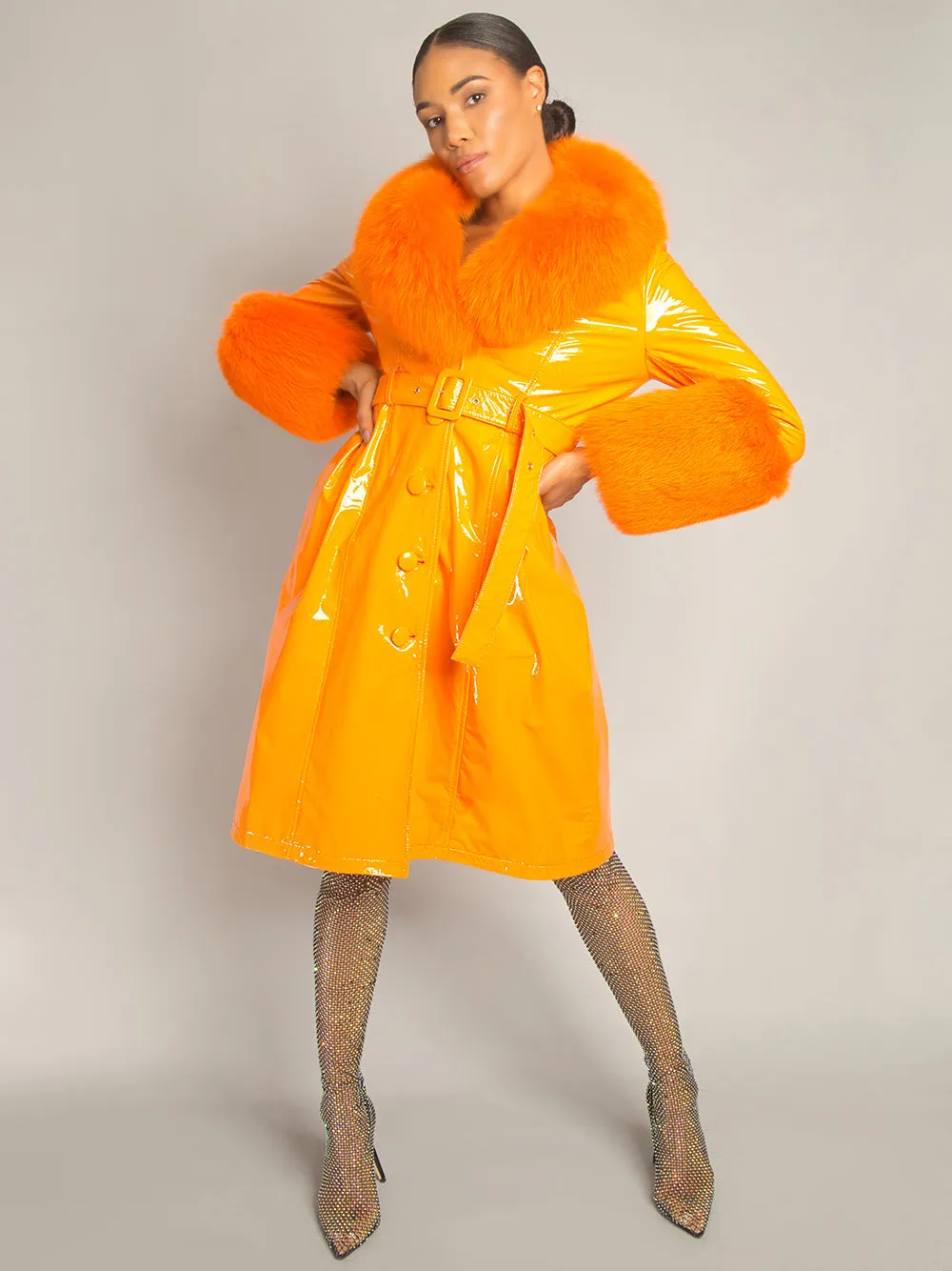 Patent Leather Coat w/ Fox Fur In Orange