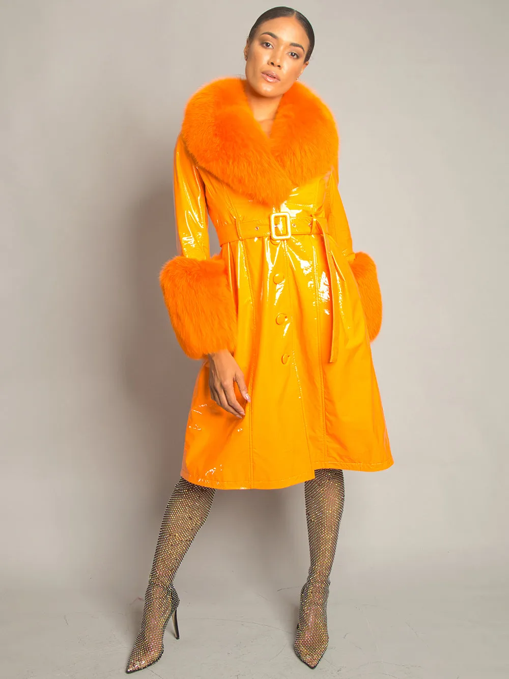 Patent Leather Coat w/ Fox Fur In Orange