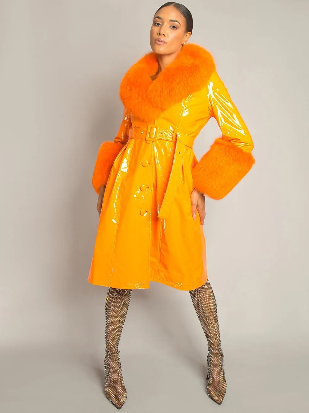 Patent Leather Coat w/ Fox Fur In Orange