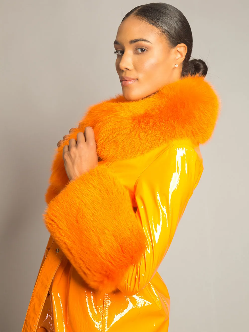 Patent Leather Coat w/ Fox Fur In Orange