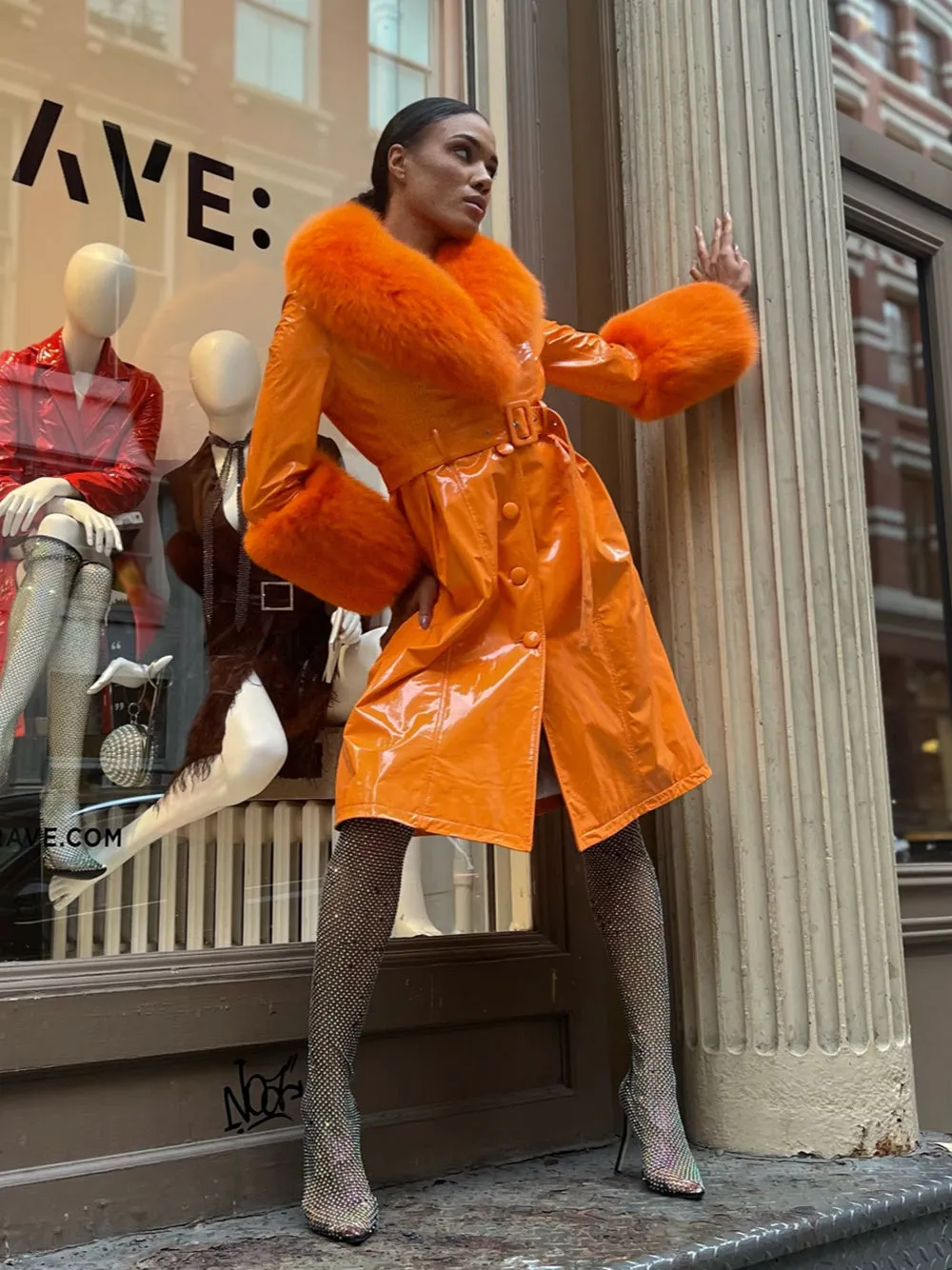 Patent Leather Coat w/ Fox Fur In Orange