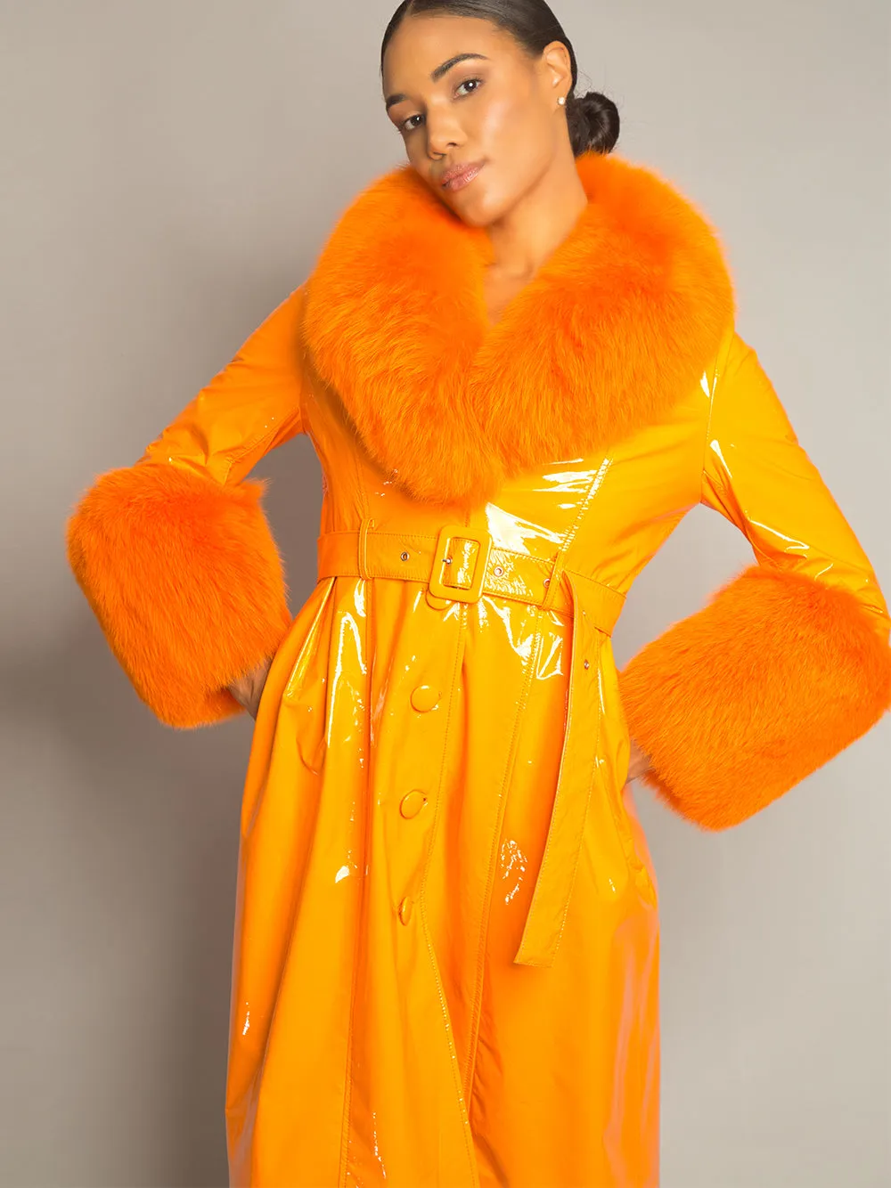 Patent Leather Coat w/ Fox Fur In Orange