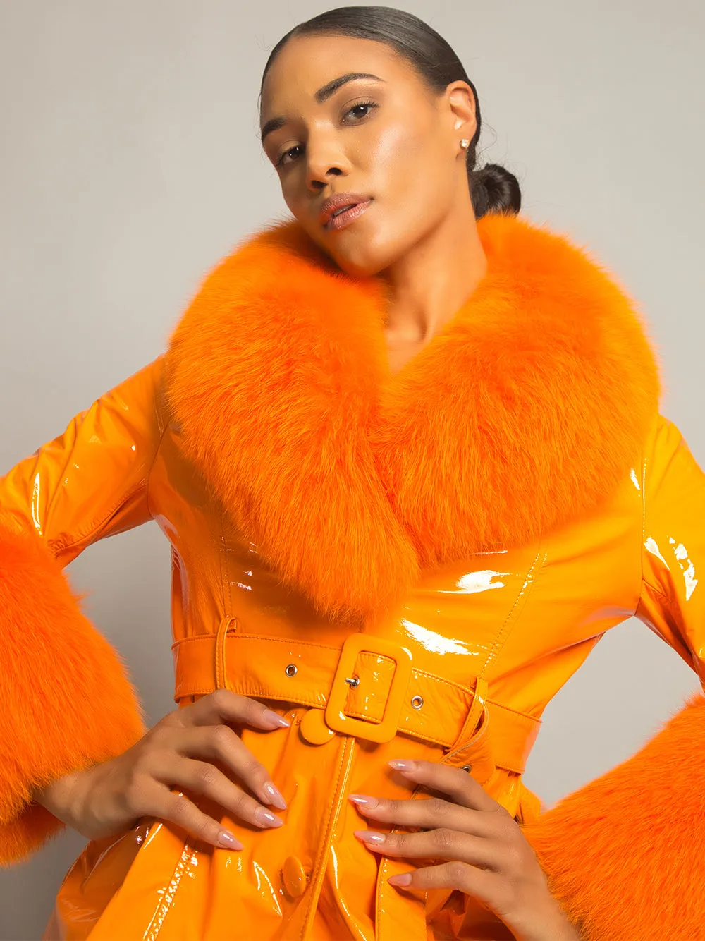 Patent Leather Coat w/ Fox Fur In Orange