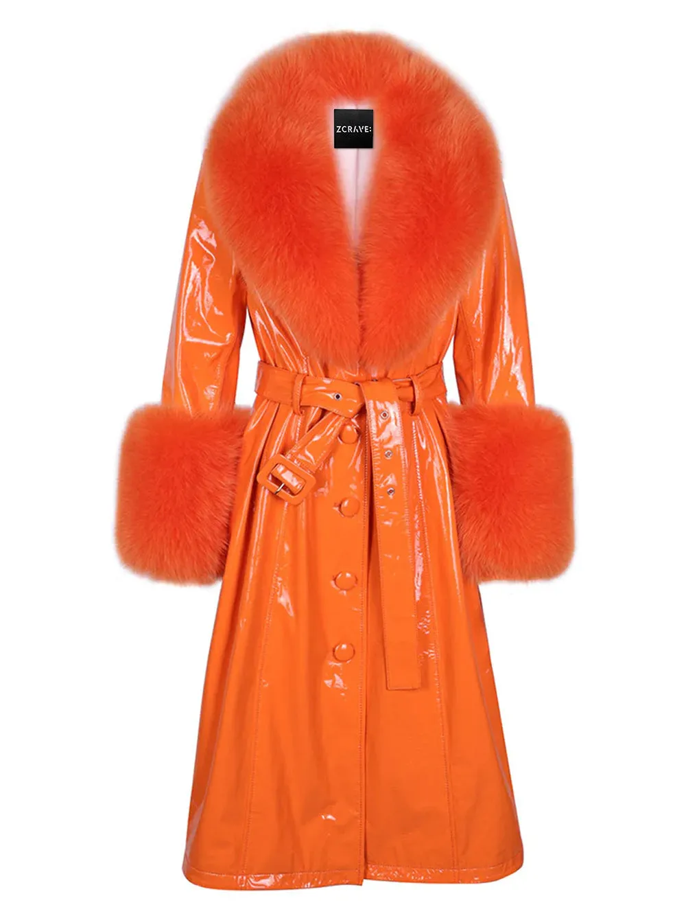 Patent Leather Coat w/ Fox Fur In Orange