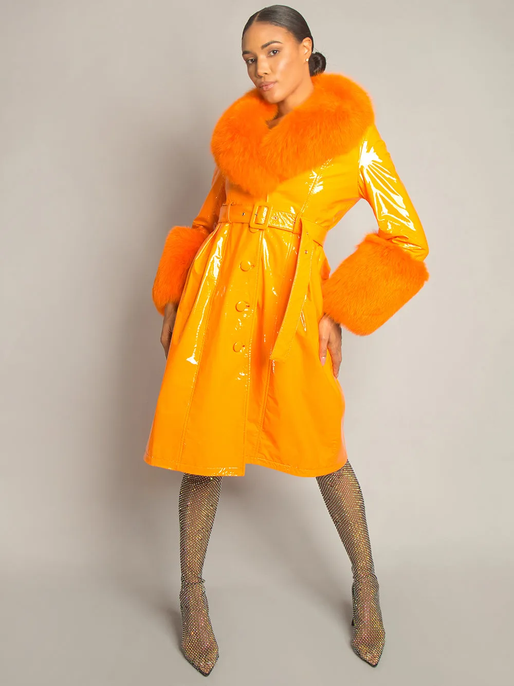 Patent Leather Coat w/ Fox Fur In Orange