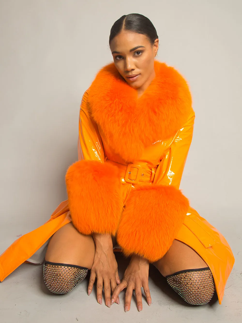 Patent Leather Coat w/ Fox Fur In Orange