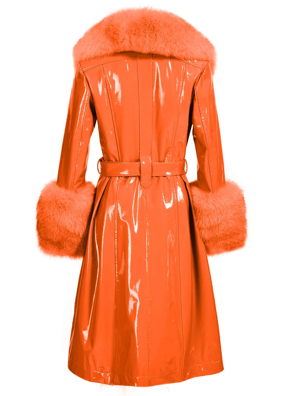 Patent Leather Coat w/ Fox Fur In Orange