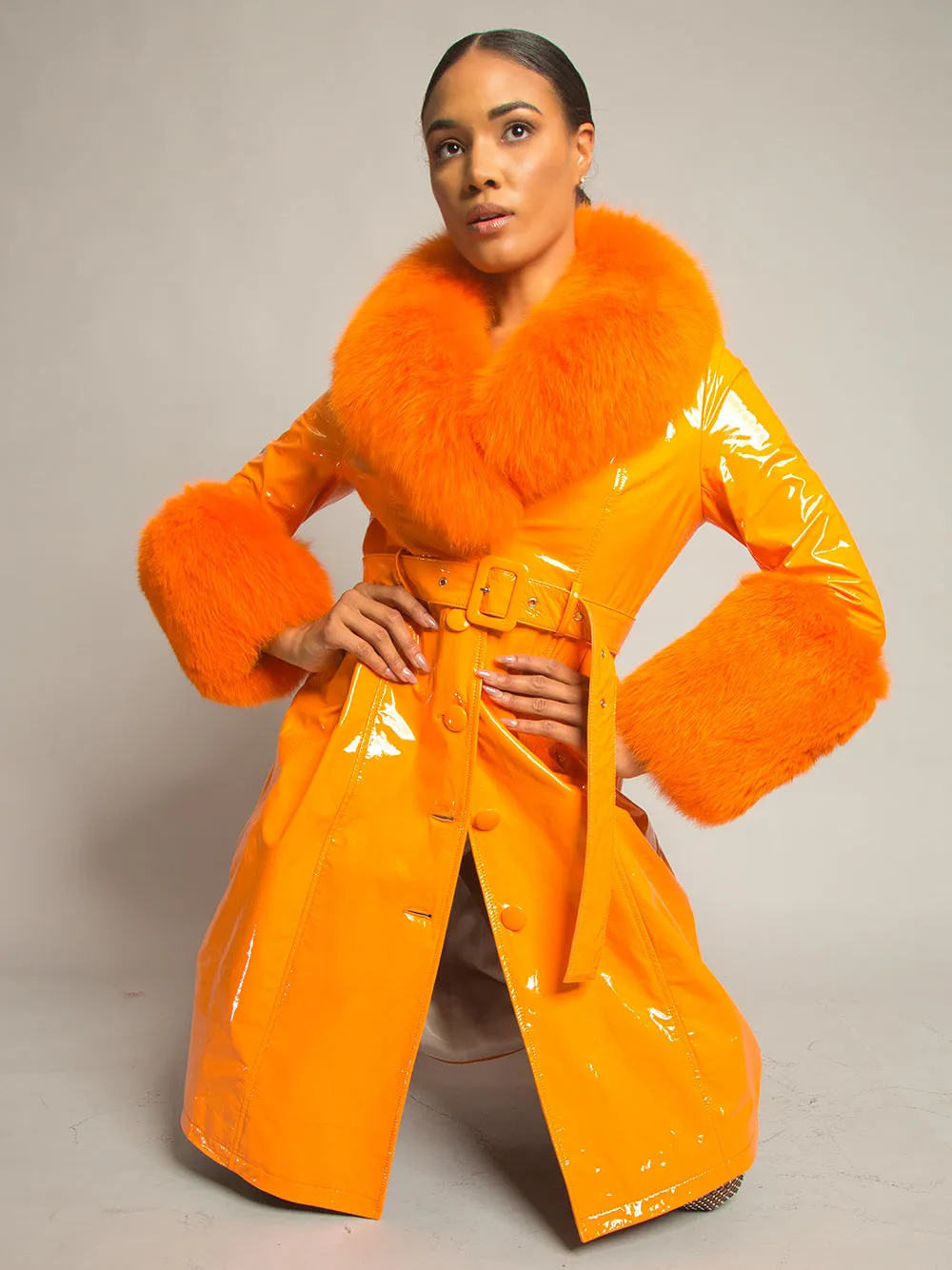 Patent Leather Coat w/ Fox Fur In Orange