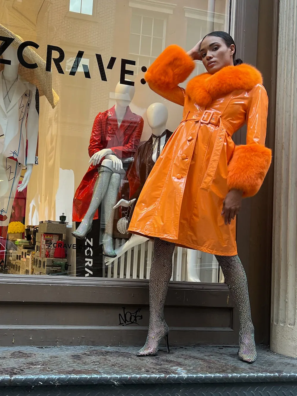 Patent Leather Coat w/ Fox Fur In Orange