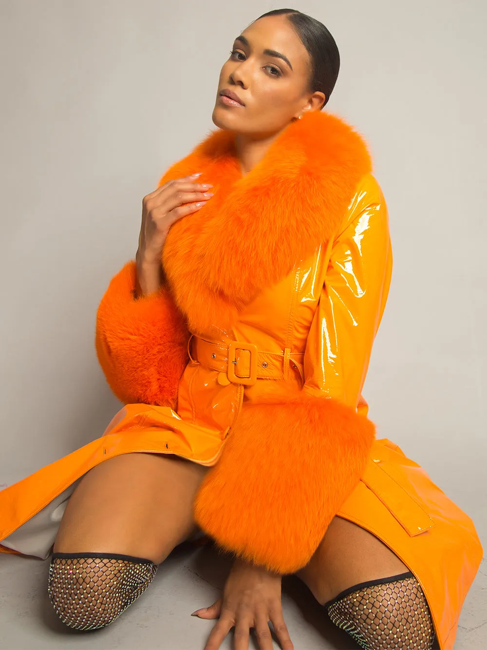 Patent Leather Coat w/ Fox Fur In Orange