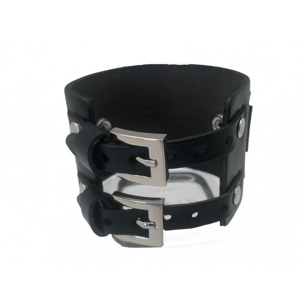 Perforated Black Leather Double Strap Ladies Cuff