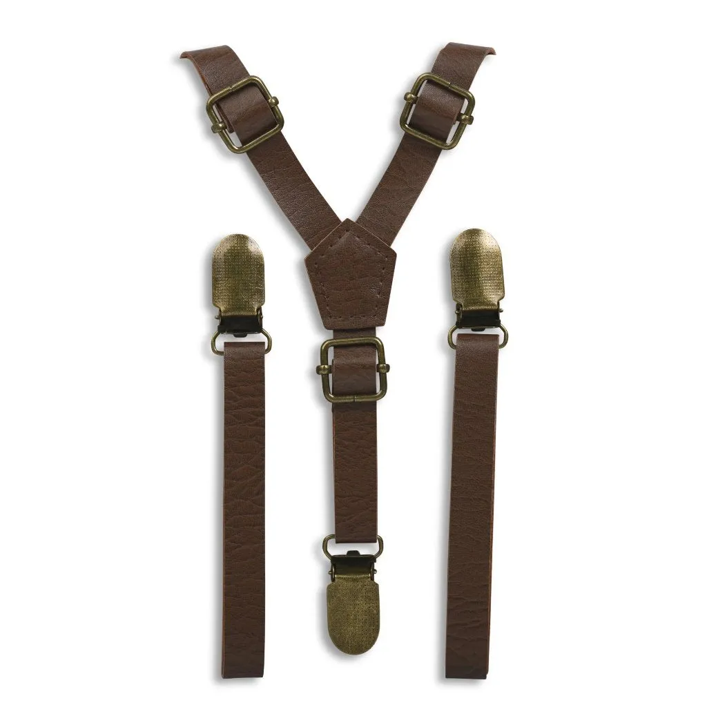 Weathered Coffee Skinny Faux Leather Suspenders