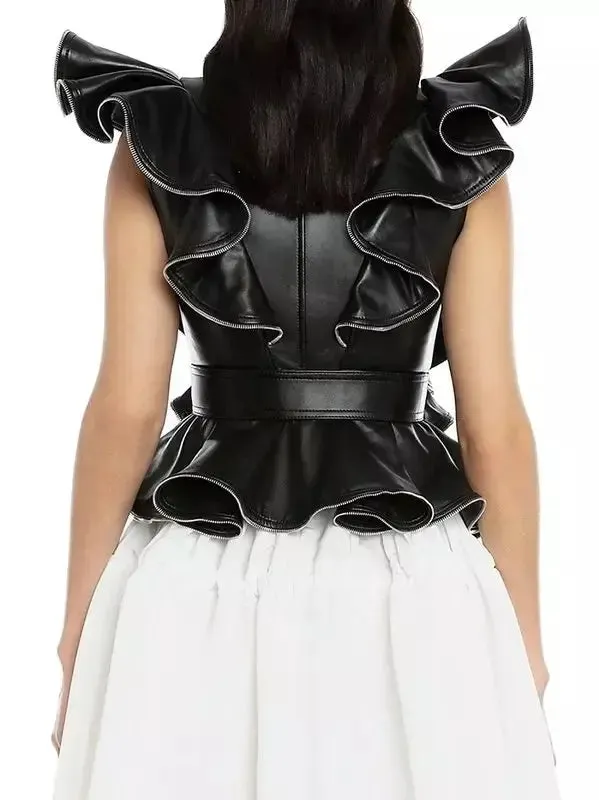 Women’s Belted Zipped Ruffle Leather Vest