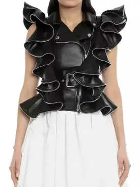 Women’s Belted Zipped Ruffle Leather Vest