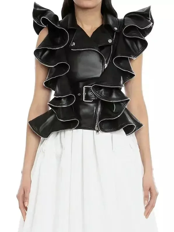 Women’s Belted Zipped Ruffle Leather Vest