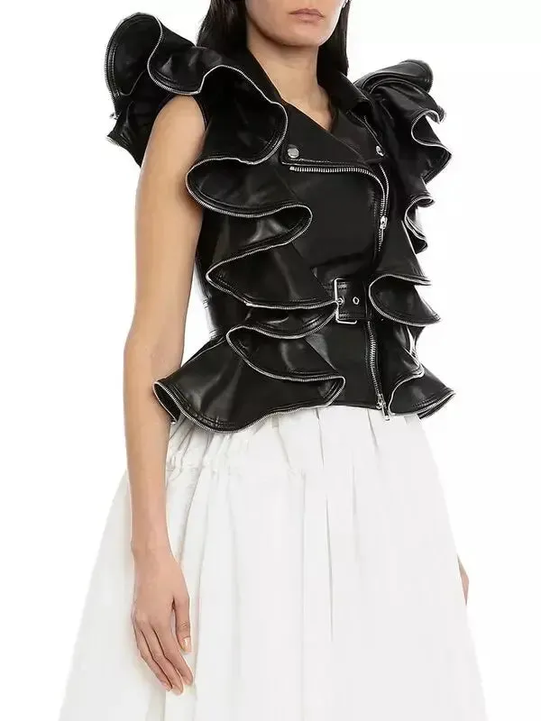 Women’s Belted Zipped Ruffle Leather Vest