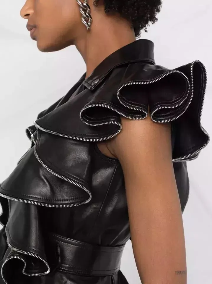 Women’s Belted Zipped Ruffle Leather Vest