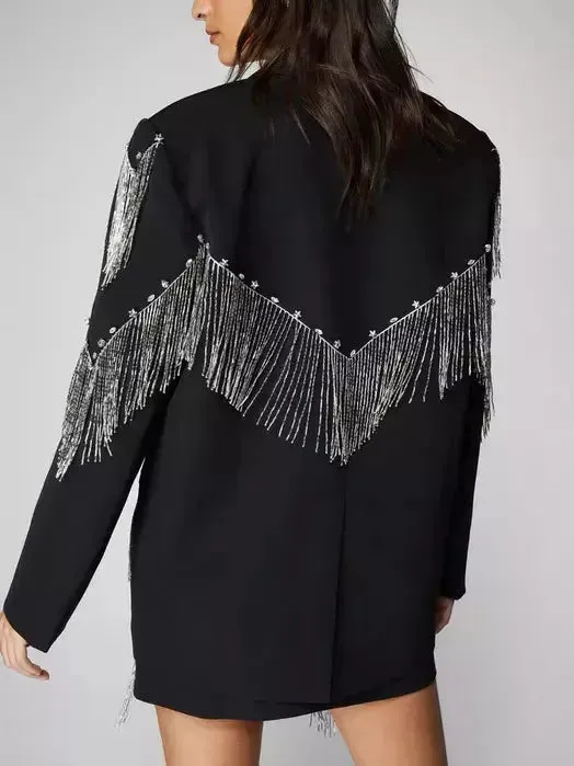 Women’s Black Premium Studded Fringe-Embellished Blazer