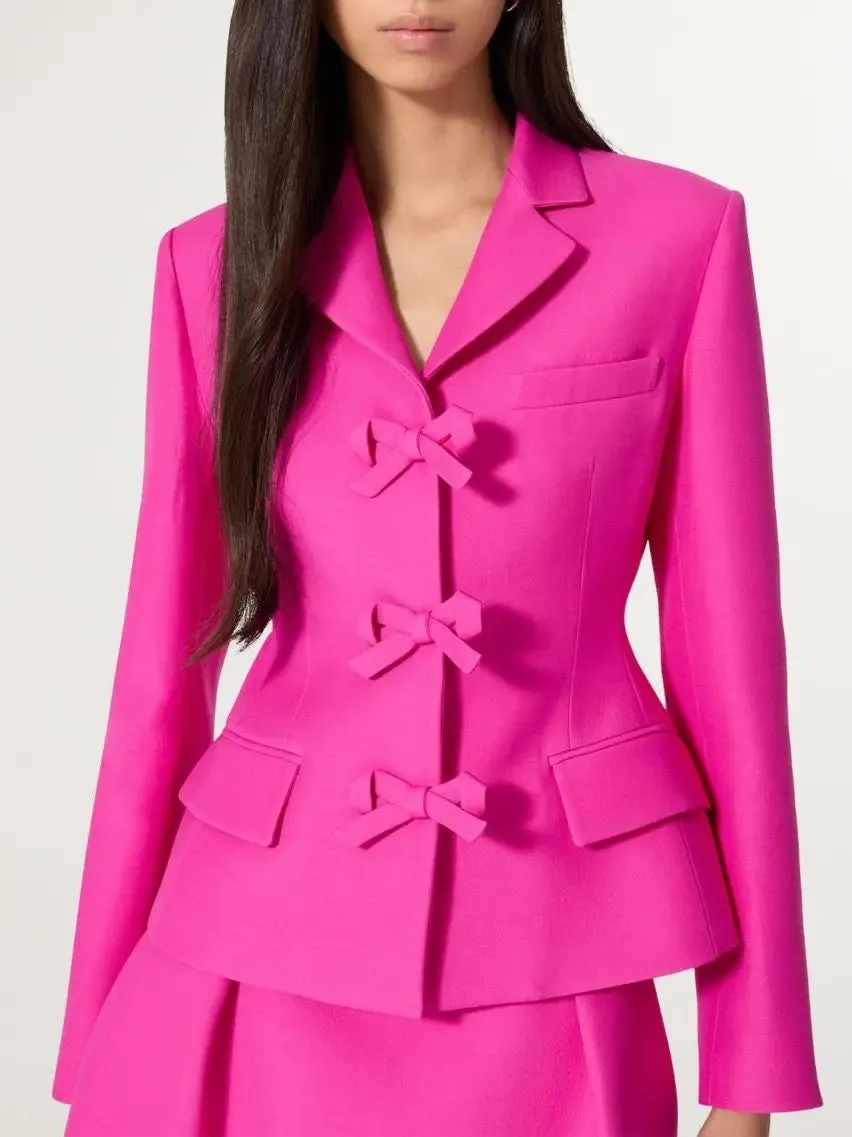 Women’s Bow-Embellished Hot Pink Single-Breasted Blazer