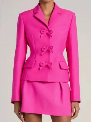 Women’s Bow-Embellished Hot Pink Single-Breasted Blazer