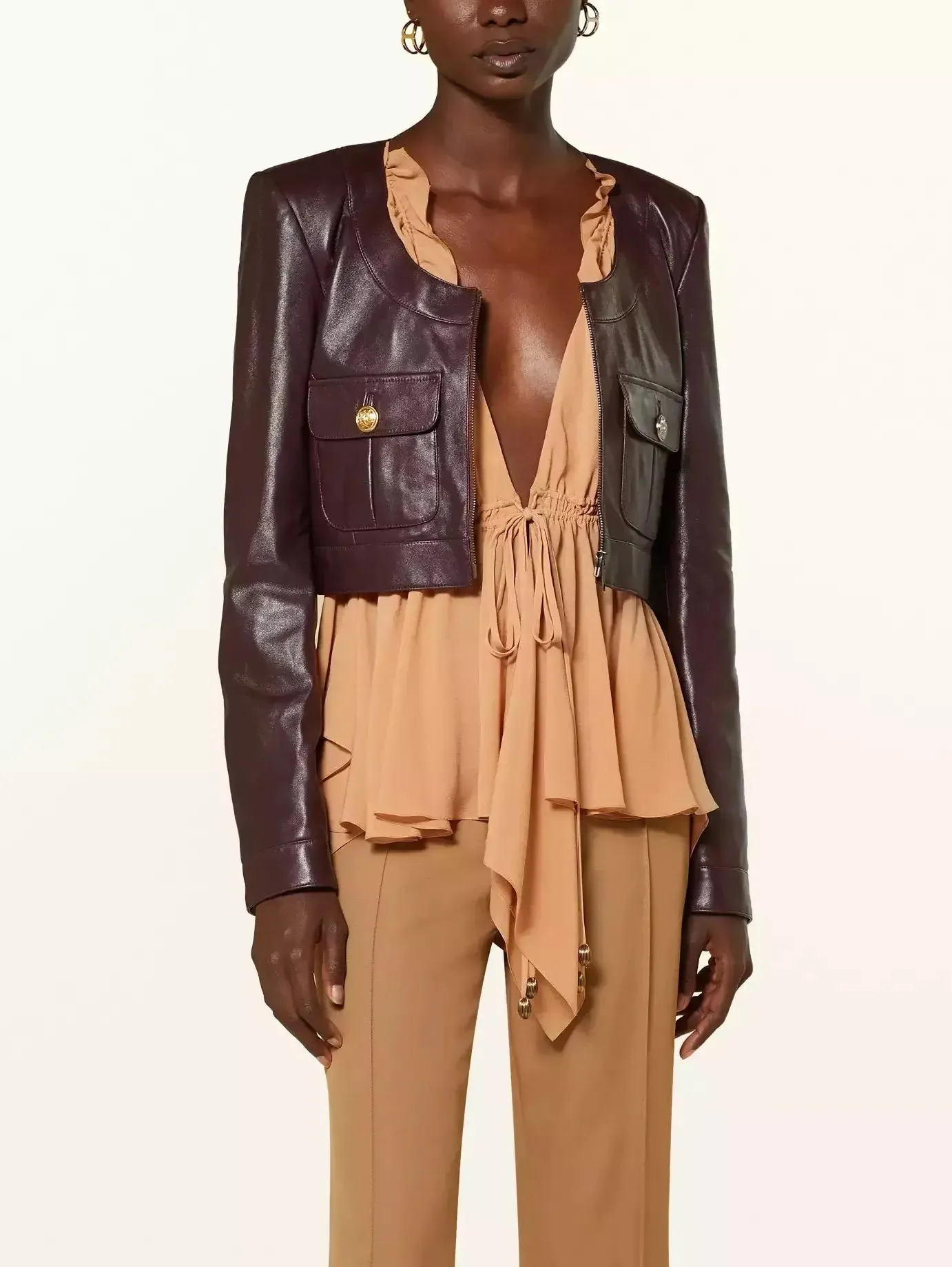 Women’s Cropped Leather Jacket with Scoop Collar and Buttoned Pockets