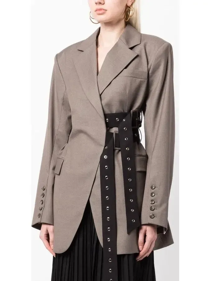 Women’s Double Side Belted Blazer in Brown