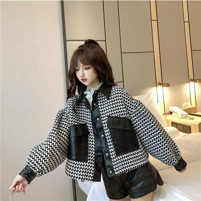 Woolen cloth stitching leather jacket